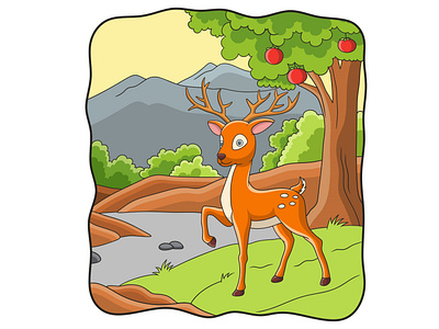 Cartoon illustration deer walking under the forest tree