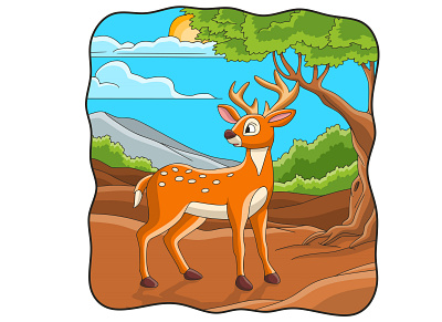 Cartoon illustration deer walking under the forest tree drawing