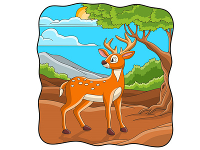 Cartoon illustration deer walking under the forest tree