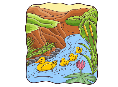 Cartoon illustration mother duck with her chicks swimming play