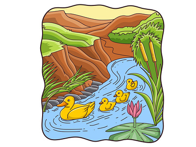 Cartoon illustration mother duck with her chicks swimming