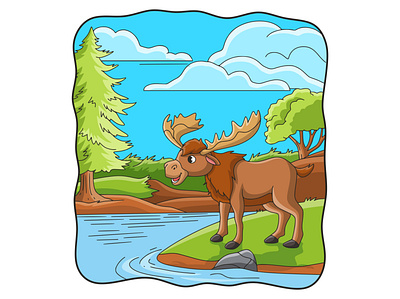 Cartoon illustration elk on the river bank drawing