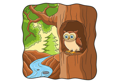 Cartoon illustration owl is in front of his house white