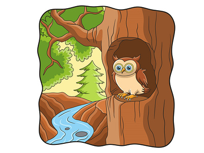 Cartoon illustration owl is in front of his house