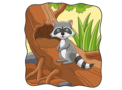 Cartoon illustration raccoon standing on a big tree nature