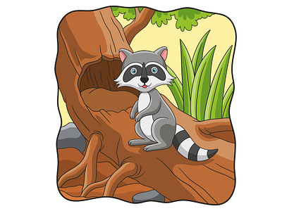 Cartoon illustration raccoon standing on a big tree