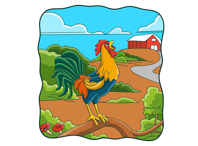 Cartoon illustration the rooster crows on the tree trunk feather