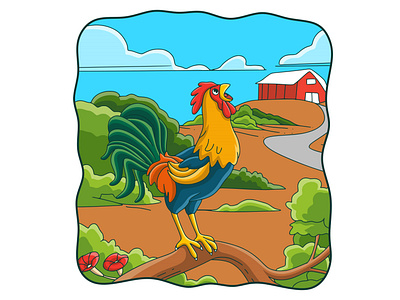 Cartoon illustration the rooster crows on the tree trunk