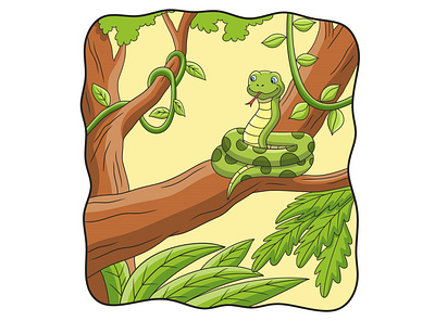 Cartoon illustration the snake is on the tree tail