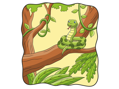 Cartoon illustration the snake is on the tree