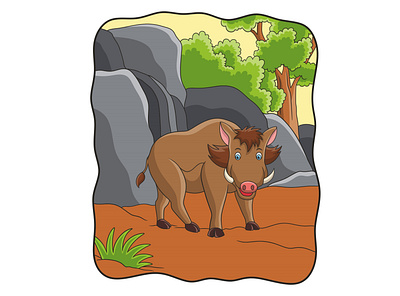 Cartoon illustration wild boar walking in the forest comic