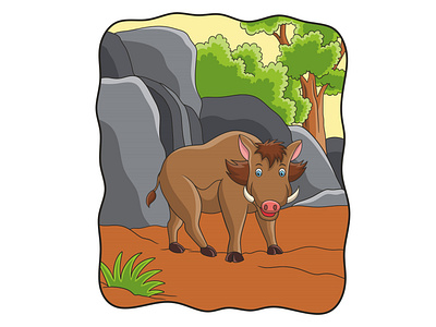 Cartoon illustration wild boar walking in the forest