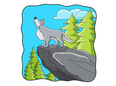 Cartoon illustration the wolf roars on the boulder dangerous