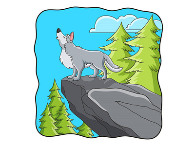 Cartoon illustration the wolf roars on the boulder