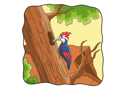 Cartoon illustration woodpecker pecks a big tree trunk mascot