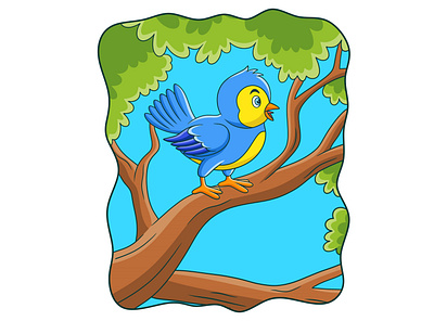 Cartoon illustration birds chirping in the trees white