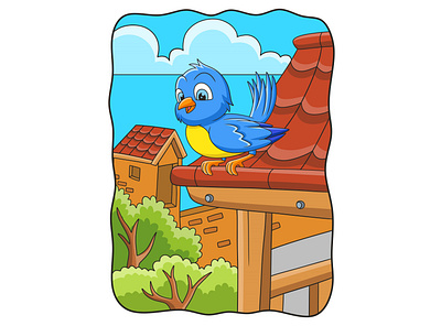 Cartoon illustration birds chirping on the roof of the house white