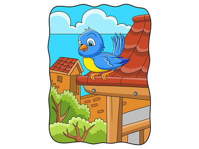 Cartoon illustration birds chirping on the roof of the house