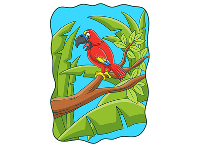 Cartoon illustration a parrot chirping on a tree trunk exotic