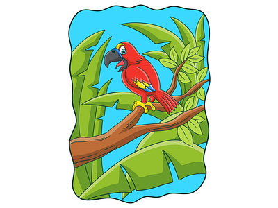 Cartoon illustration a parrot chirping on a tree trunk