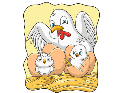 Cartoon illustration hen who is incubating her eggs feather