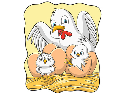 Cartoon illustration hen who is incubating her eggs