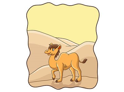 Cartoon illustration camel walking in the desert smile