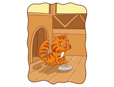 Cartoon illustration cat is getting ready to eat with his plate adorable