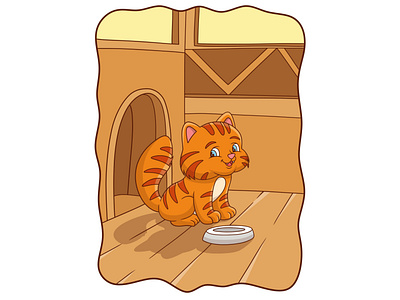 Cartoon illustration cat is getting ready to eat with his plate