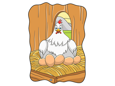 Cartoon illustration a hen is incubating her eggs in her cage feather