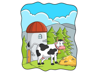 Cartoon illustration cows are eating hay on the farm mascot