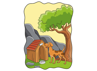 Cartoon illustration a dog is guarding in front of his house funny