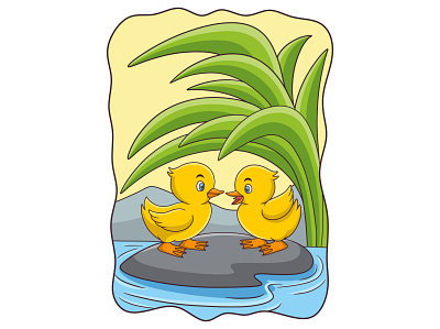 Cartoon illustration Two ducks are on a rock in the middle play