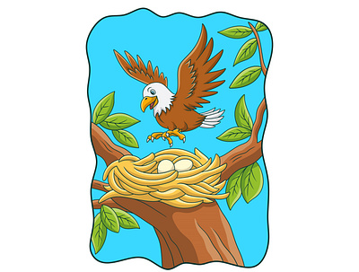 Cartoon illustration the eagle perched on its nest in the tree happy