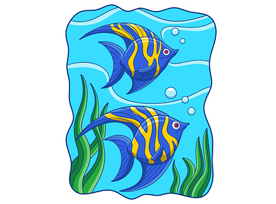 Cartoon illustration two angelfish swimming in the sea drawing