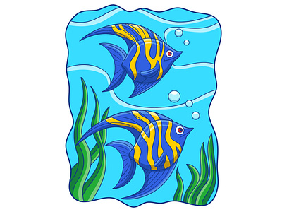 Cartoon illustration two angelfish swimming in the sea