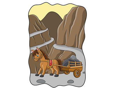 Cartoon illustration a horse carrying a cart filled with stones expression