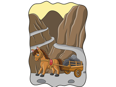 Cartoon illustration a horse carrying a cart filled with stones