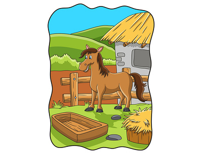 Cartoon illustration a horse is on a farm on the edge of a hill expression