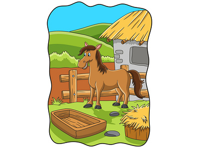 Cartoon illustration a horse is on a farm on the edge of a hill