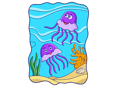 Cartoon illustration two jellyfish swimming near the ocean coral clip