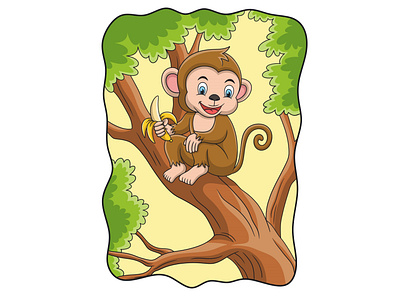 Cartoon illustration monkey eating banana on the tree baby