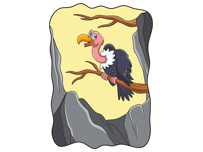 Cartoon illustration an ostrich perched on a tree trunk