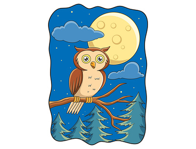 Cartoon illustration owl perched on tree trunk at night mascot