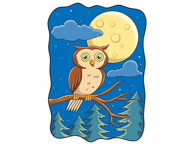 Cartoon illustration owl perched on tree trunk at night