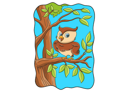 Cartoon illustration owl with cool pose perched on tree trunk mascot