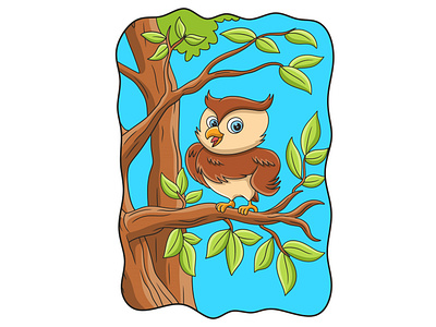 Cartoon illustration owl with cool pose perched on tree trunk