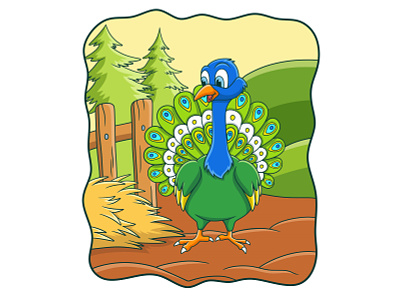 Cartoon illustration the peacock is on the farm by spreading wing
