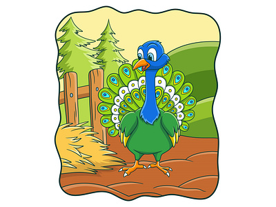 Cartoon illustration the peacock is on the farm by spreading