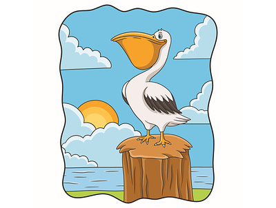 Cartoon illustration pelicans perched on tree trunks life